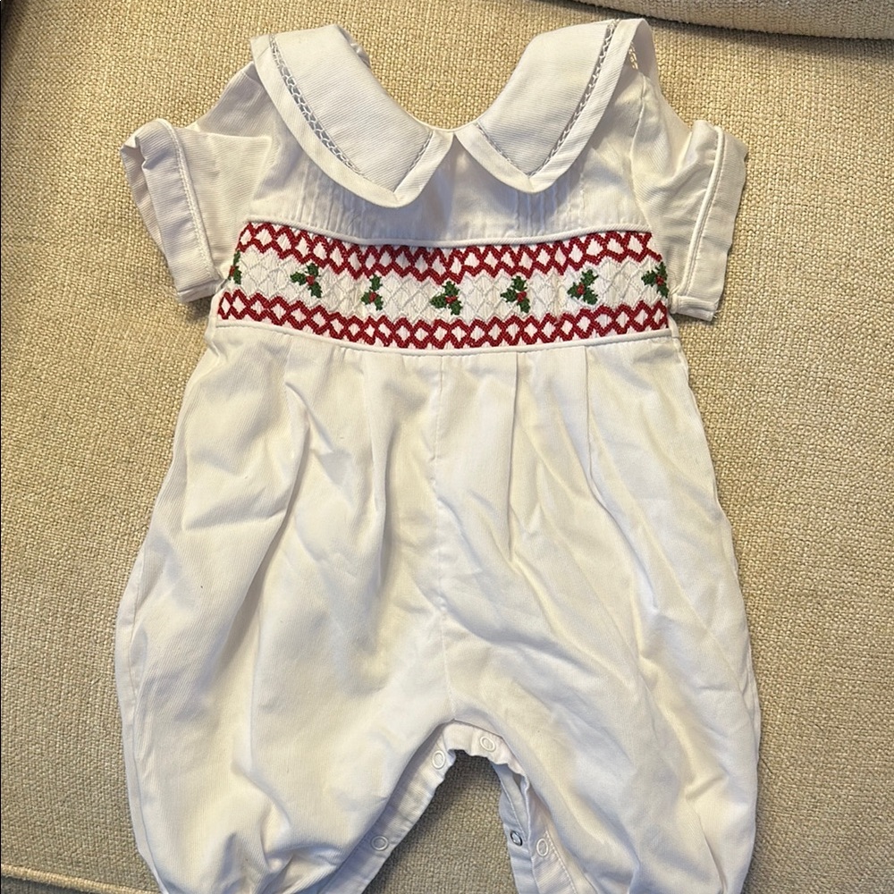 White and Red Christmas Holly Embroidered Kids Bodysuit